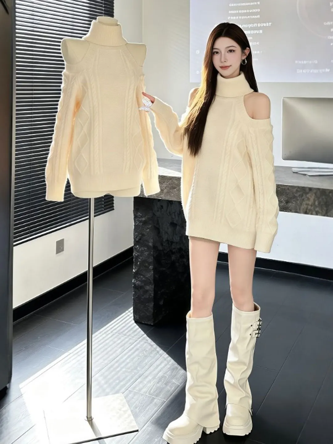 

Unique Lazy Sle High Collar oulder Bared Loose Knitwear Long Sve Top Spring Faion Gentle Sle Online Exclusive