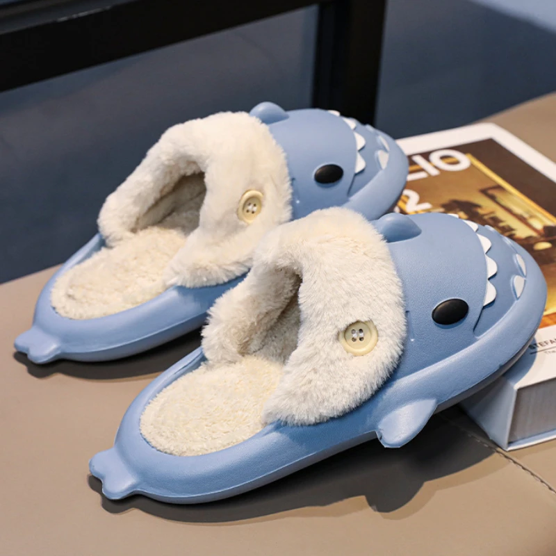 Cotton Shark Slippers Woman Waterproof Winter Warm Plush Non-slip Slides Indoor Home Couple Shark Flip Flops Sandals Flat Shoe