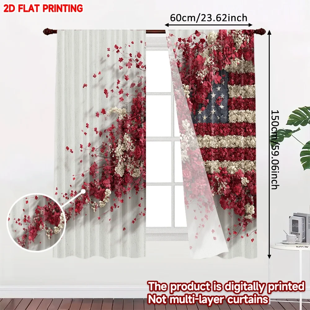 2pcs American Flag Floral Curtains Digital Printing, Red White Flowers Star Pattern for Patriotic Living Room Bedroom Decor