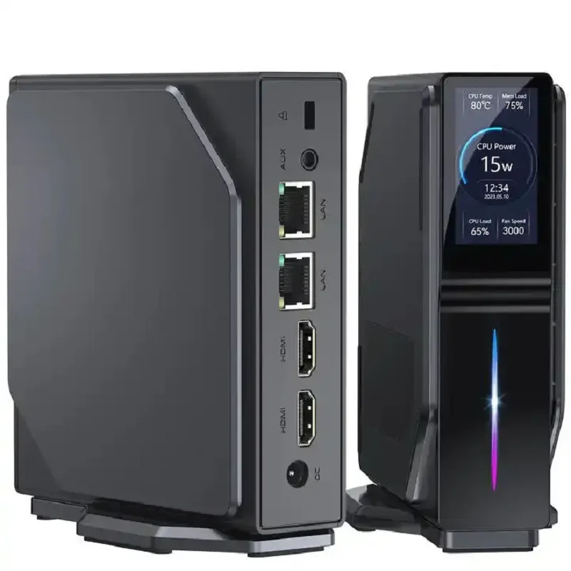 كمبيوتر صغير RGB مع شاشة Intel Alder Lake-N100 16GB DDR4 512GB SSD كمبيوتر عمودي للمنزل/المكتب - شاشة LCD