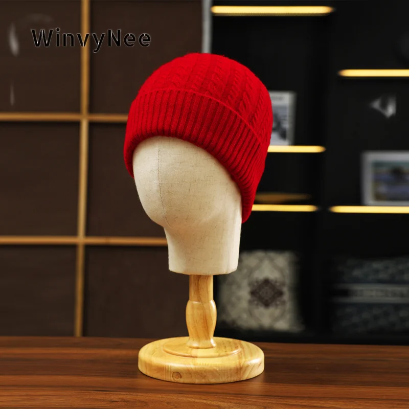 WinvyNee Women Delicate Cable Twist Roll‑Cuff Pure Wool Knitted Beanie Gentle Warmth Elastic Soft Trendy Spring Autumn ZI1883024
