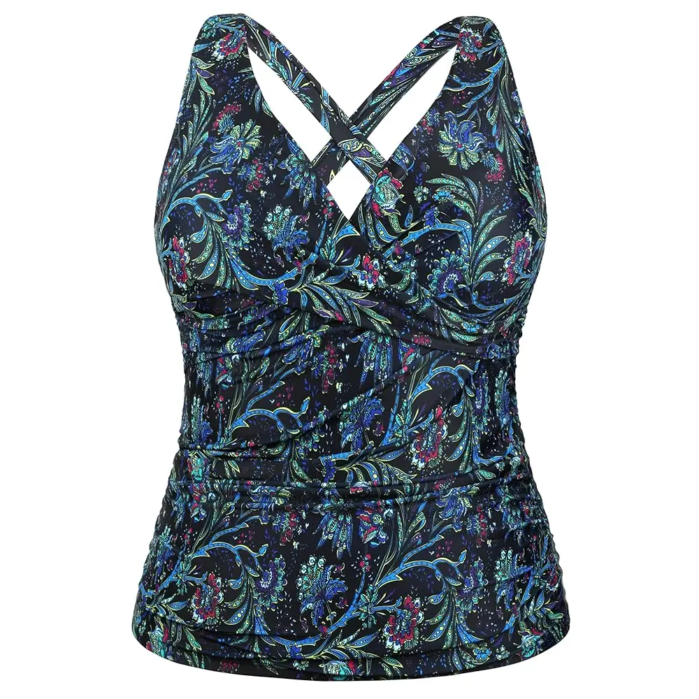 Women's Underwire Tankini Top Plus Size Swimsuits Tummy Control Bathing Suit Tops Crossover V Neck Swim Top