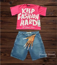 American Trend Two Piece Set Hand Graphic Short Jeans Harajuku Y2k Tops Tracksuit T Shirt men Streetwear Couples Fashion Shorts