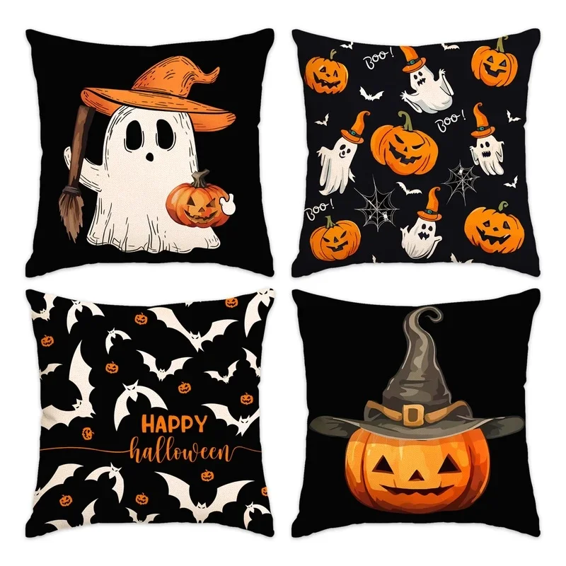 1pc/4pcs Halloween Decoration Pillow Cover, Trick or Treat Cushion Cover, Ghost, Pumpkin Head, Bat Decoration Sofa Cushion Cover