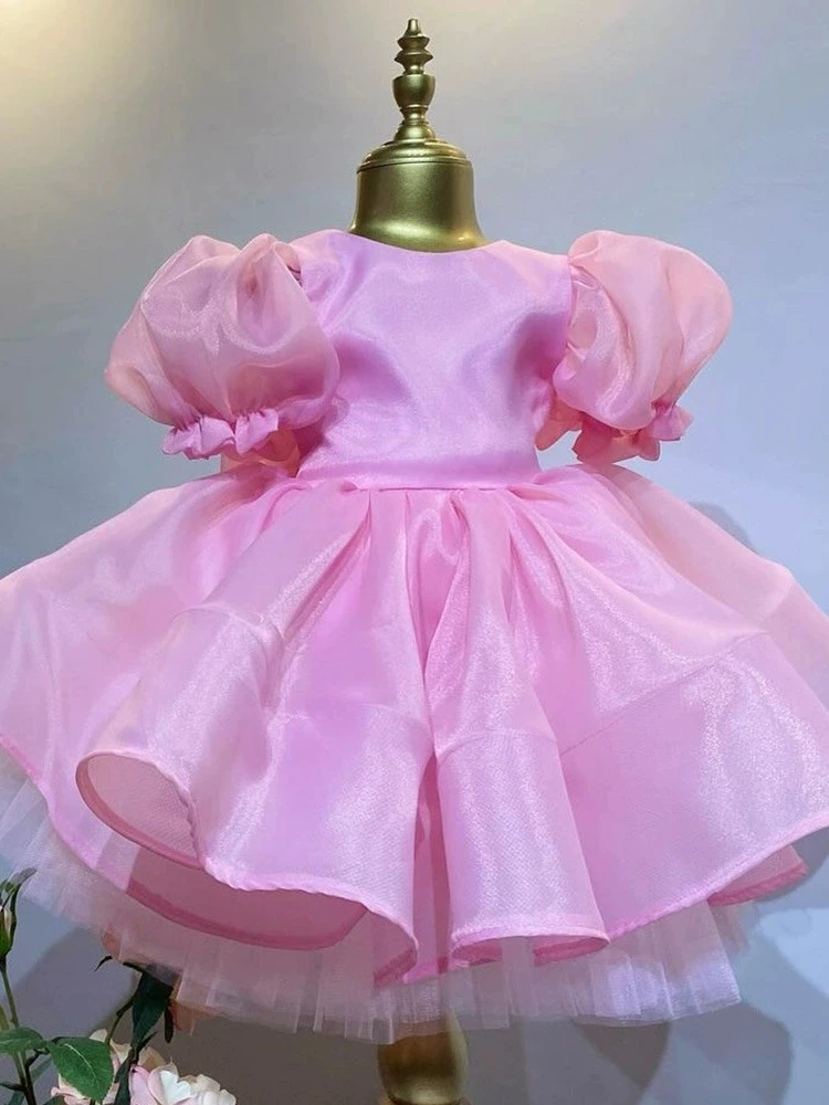 

2026 Pink Children Puff Sleeve Tutu Princess Dress Pageant 1st Birthday Party Performance Evening Gown Girls Celebration Clothes