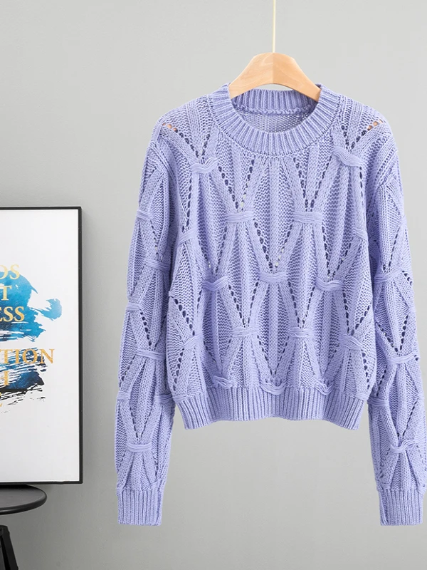 Damski sweter z dzianiny, nowość na jesień 2025, okrągły dekolt, długi rękaw, casualowy, dopasowany krój, ażurowy wzór, styl do pracy.