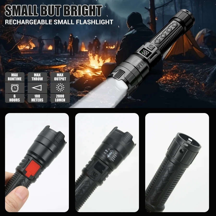 High Strong Power Led Flashlights 2000LM Tactical Torch with Display Light USB Charging Camping Fishing Emergency Zoom Lantern