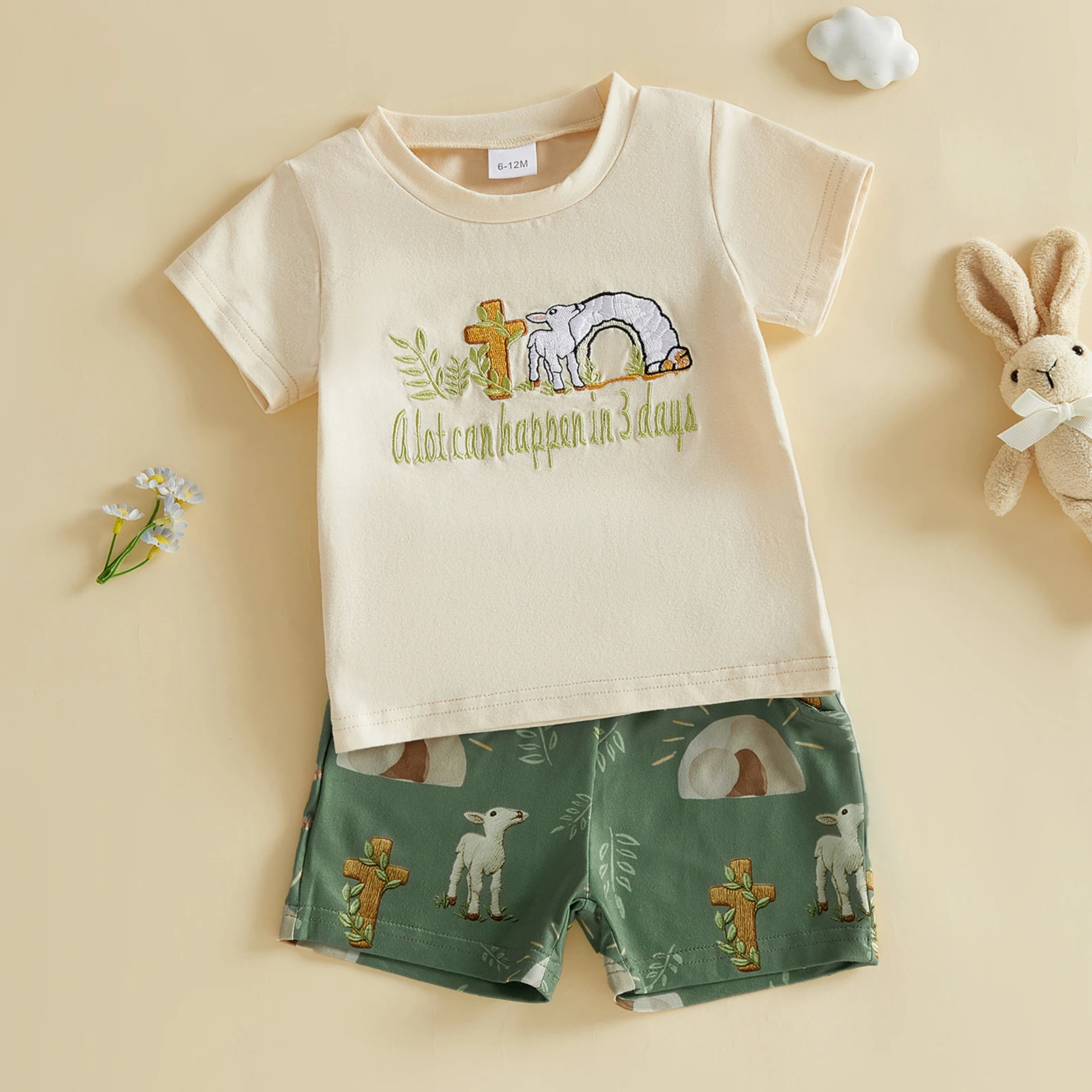 Infant Baby Boys Easter Shorts Sets Short Sleeve O Neck Letter Embroidery Tops and Cross Sheep Cave Print Shorts