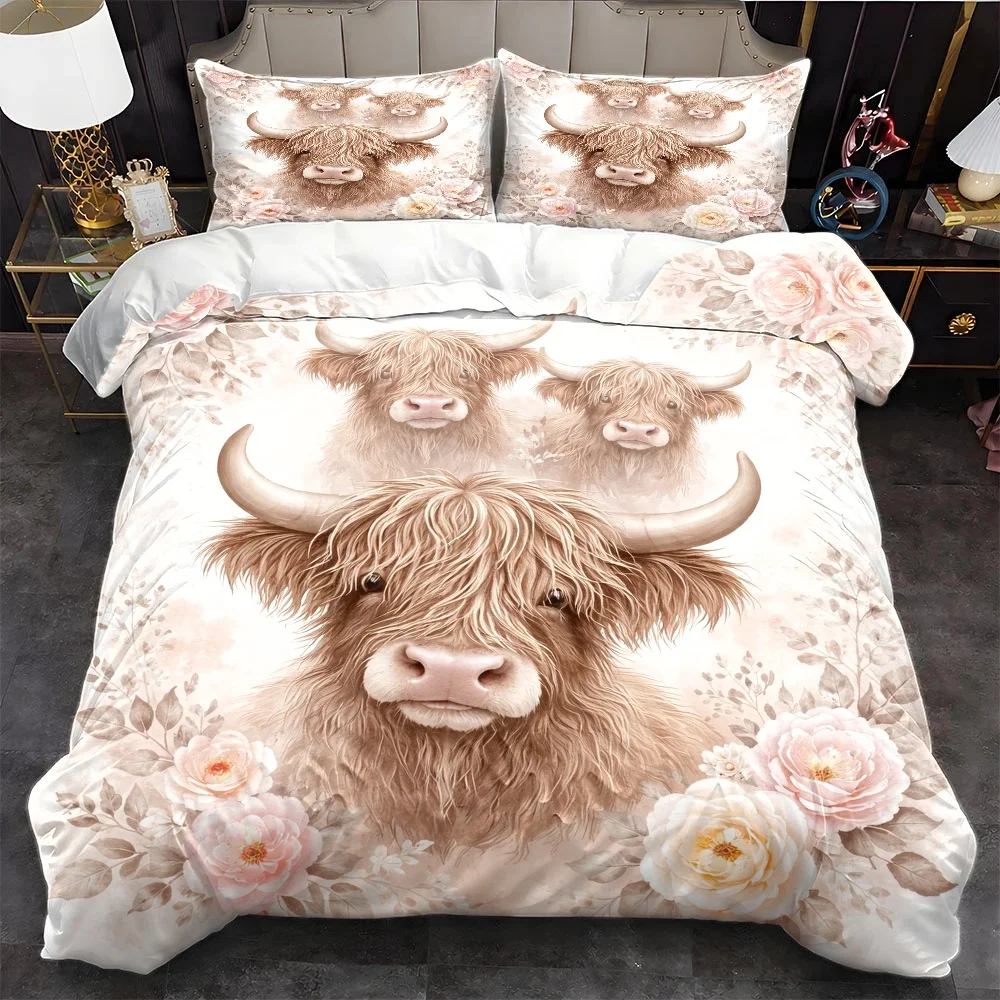 3Pc Pastoral Style Floral Highland Cow Quilt Cover Set, Bedding Three-Piece Set (1*Quilt Cover + 2*Pillowcases), Suitable for All Seasons, Machine Washable, Invisible Zipper Double Bed Cover, Suitable for Home, Dormitory, Master Bedroom, Guest Room, Large Bedding Set, Fresh Watercolor Animal Floral Bedding, Skin-Friendly Breathable Bed Cover Set, Hot Selling Universal Bedding Set for Dormitory, Cozy and Healing Bedroom Decor Bedding, 2D Flat Print