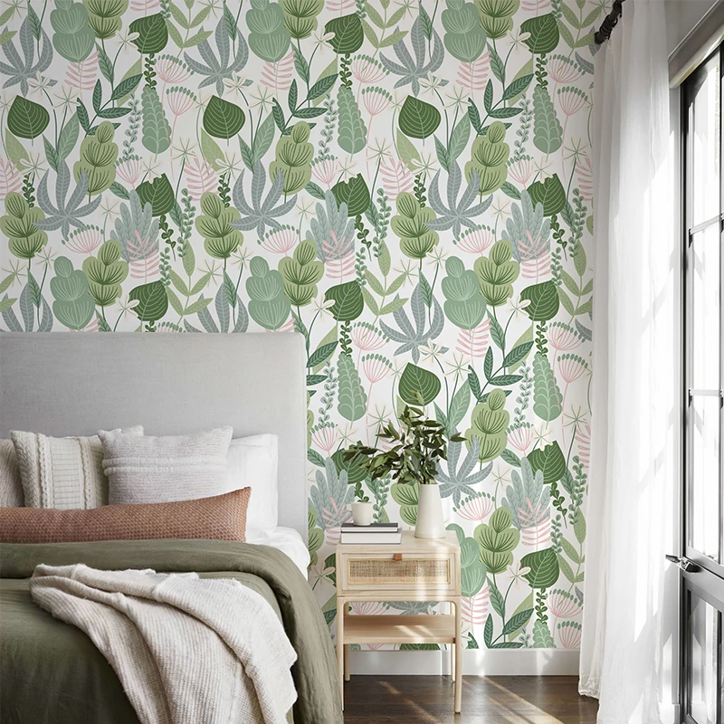 

Fresh Green Leaves Removable PVC Wallpaper Seaweeds Peel And Stick Vinyl Cabinet Sticker Botanical Home Furniture Decoration