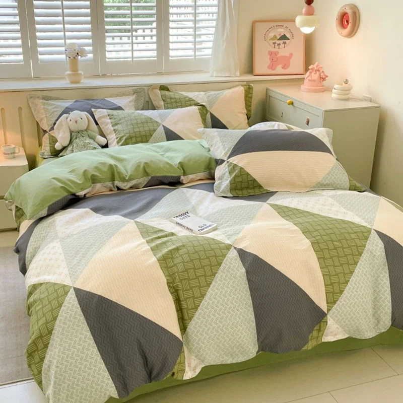 Geometric Pattern 100% Cotton Duvet Cover Set Soft Breathable Single Double Bedding Sets with Quilt Cover Flat Sheet Pillowcases