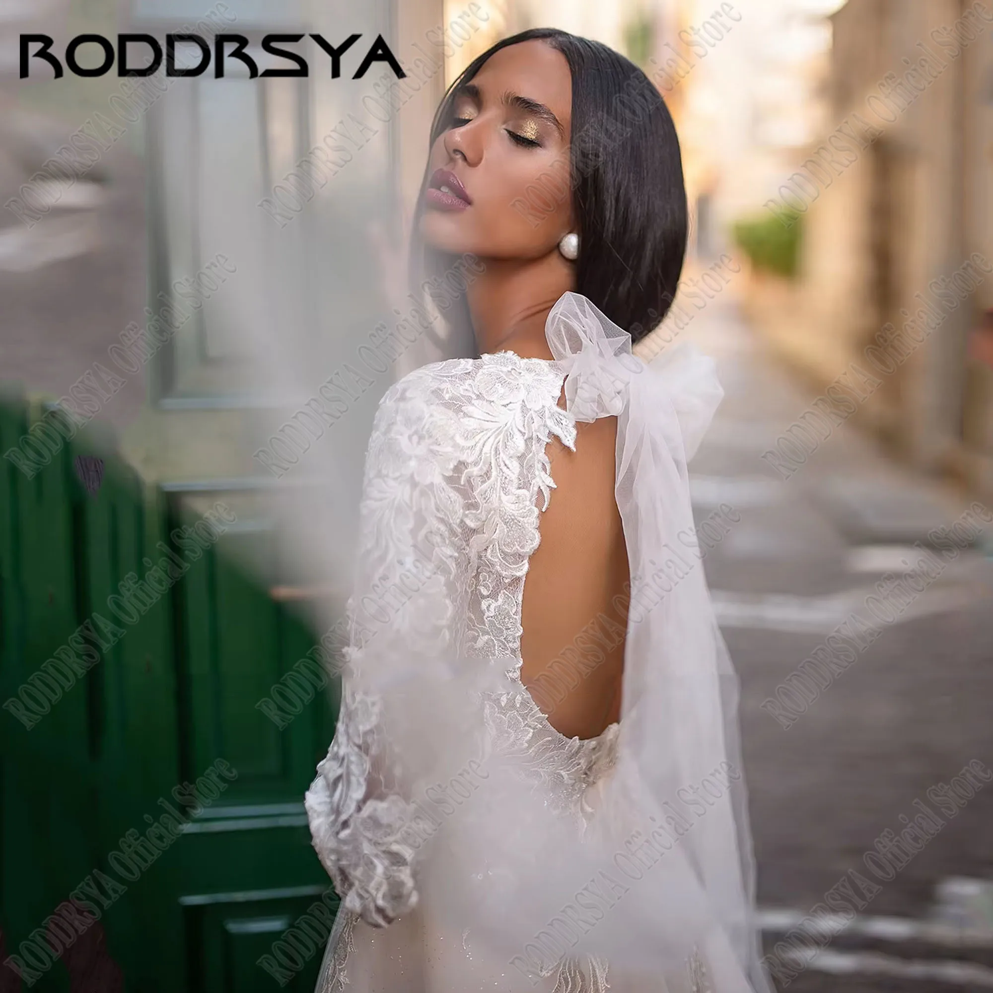 RODDRSYA فساتين زفاف مكشوفة الظهر للعروس فاخرة أكمام طويلة Vestidos De Novia دانتيل زين فساتين زفاف للنساء قطار الاجتياحRoddRSYA العروس ثوب الزفاف الفاخرة طويلة الأكمام سترة دي نوفيا الدانتيل الشارات فستان الزفاف السيد