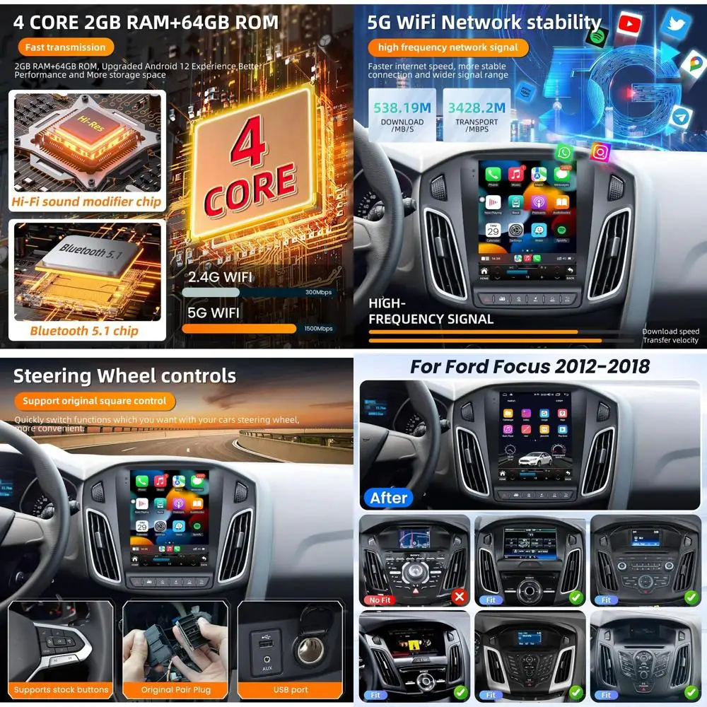 

Обновление автомобильного радиоприемника 5GWIFI для Ford Focus 2012-2018 (2 + 64G) 10,4-дюймовая стереосистема с сенсорным экраном и беспроводным Carplay Andro
