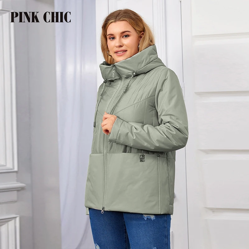 PINK CHIC Spring and Autumn 2024 New Women's Jacket Casual Fashion Large Pocket Short Quilted Parker Cap Thermal Jacket S3086