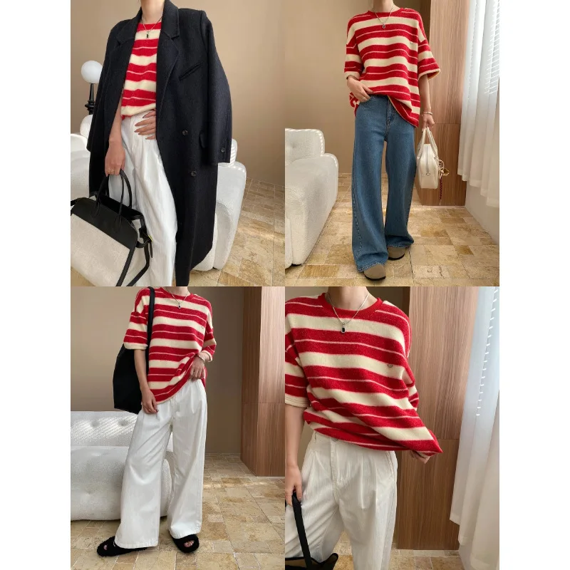 Spring Red Beige Striped Oversized Brushed T Shirt Short Sleeve  Relaxed Sticky Thick Round Neck T-shirt