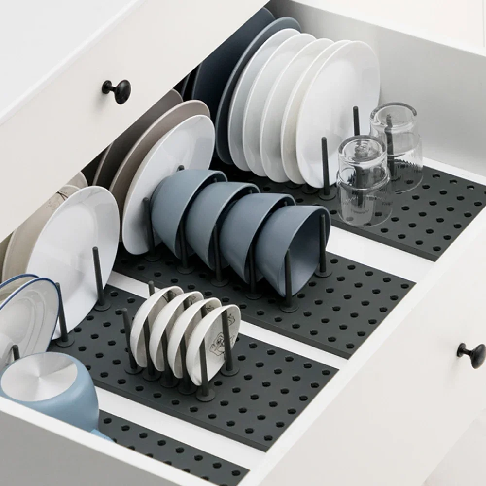 

Adjustable Telescopic Dish Drying Rack, Removable Kitchen Organizer for Plates Bowls, Pots&Lids, Drain Shelf with Storage Drawer