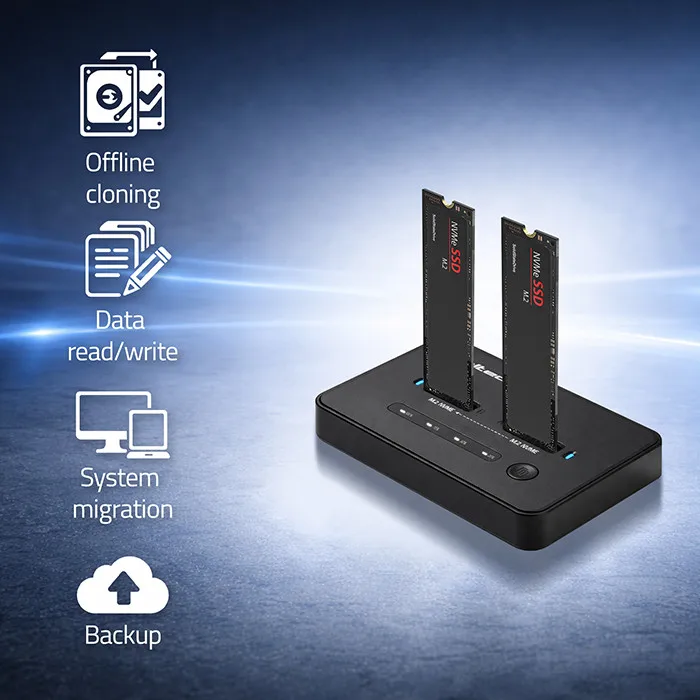 Qoltec M.2 SSD-dockingstation NVMe | PCIe | USB-C | 20 Gb/s | Dubbele 2x8TB | offline klonen