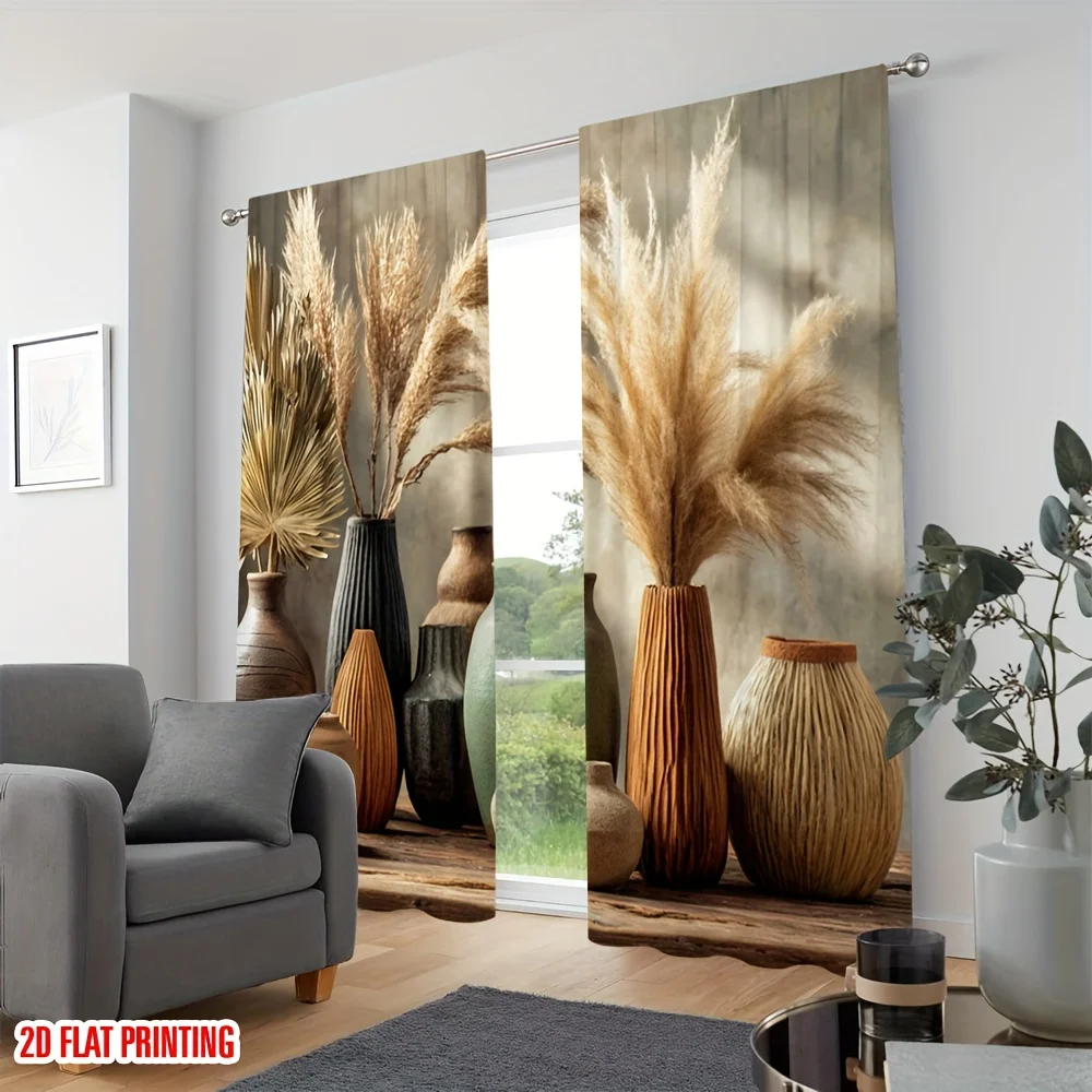 2pcs Pampas Grass Curtains Dried Flower Vase Still LifePrint Drape Neutral LivingRoom Window TreatmentBoho Chic HomeDecor Panels
