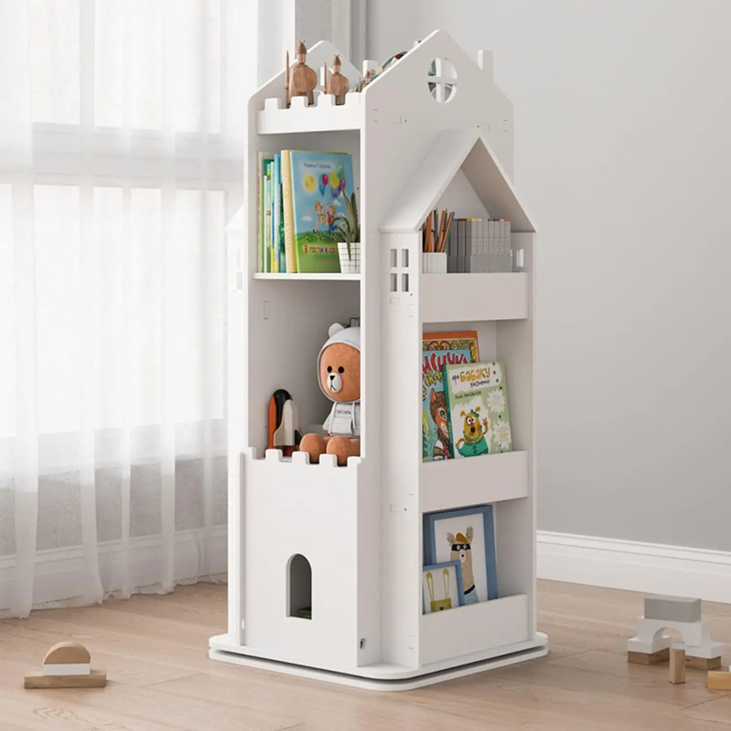 Revolving Bookcase,360° Children Bookshelf,Multi-Functional Floor Standing Book Storage Rack Organizer for Kids Room Bedroom-Whi