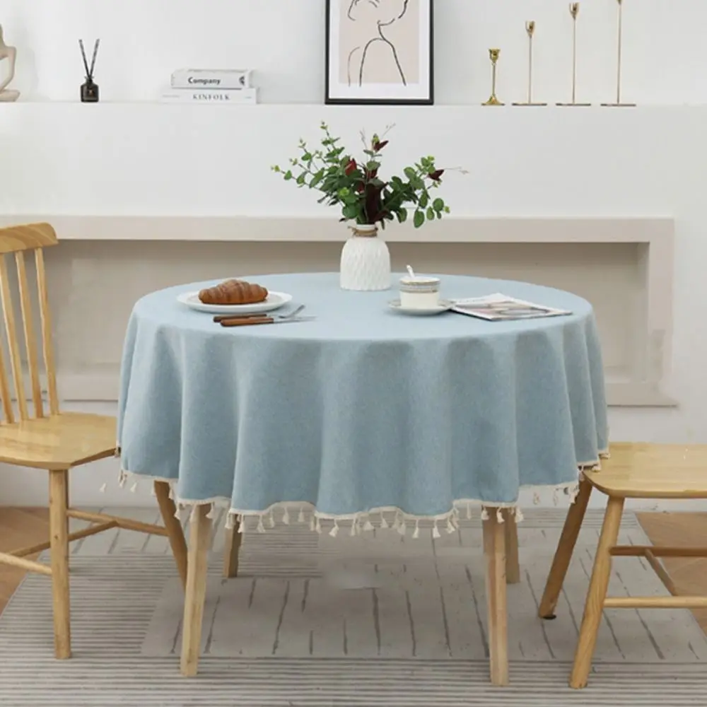 Table Decor TPU Cotton Linen Tablecloth Round with Tassel Dining Table Cover Thicker Dustproof Table Mat Home Decoration