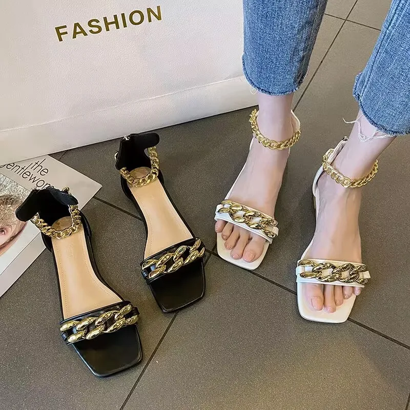 New Summer Women Sandals 2024 Women's Euro-American Gold Chain Sandals Female Fashion Roman Flat Sandals Non-slip Beach Shoes