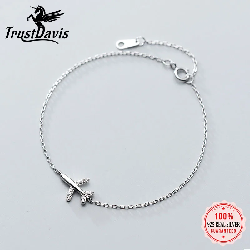 TrustDavis 100% 925 Solid Real Sterling Silver Diamond-encrusted Airplane Bracelet for Teen Girls Lady Birthday Gift DS1012