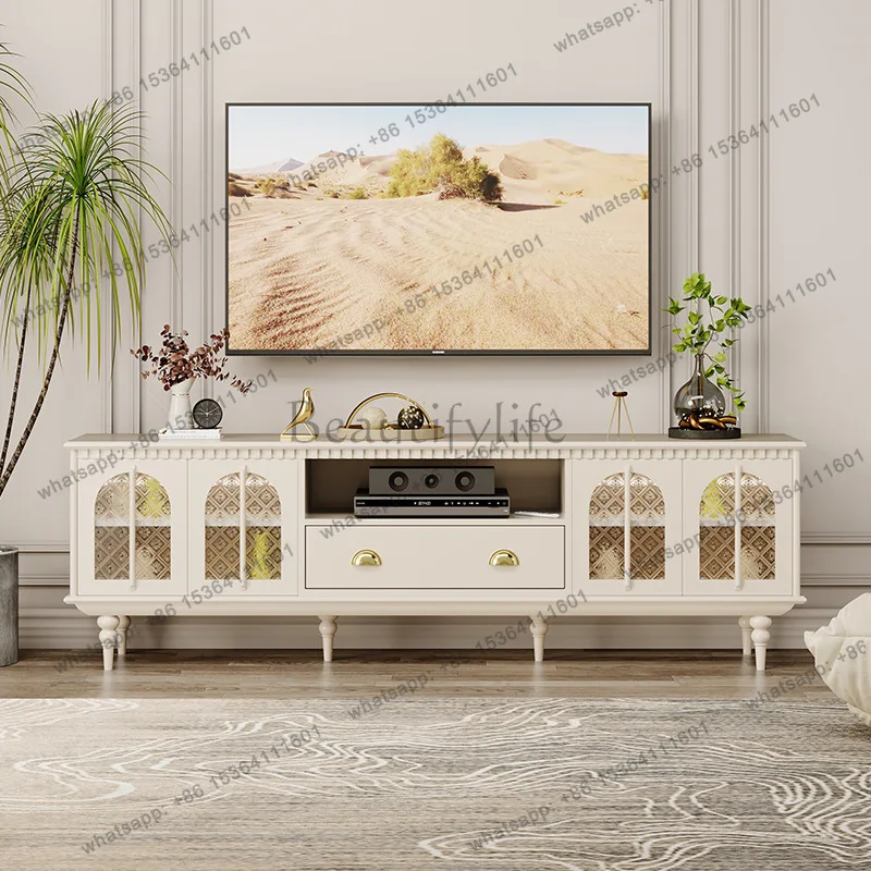 French retro solid wood TV cabinet household living room wall glass with sensor light