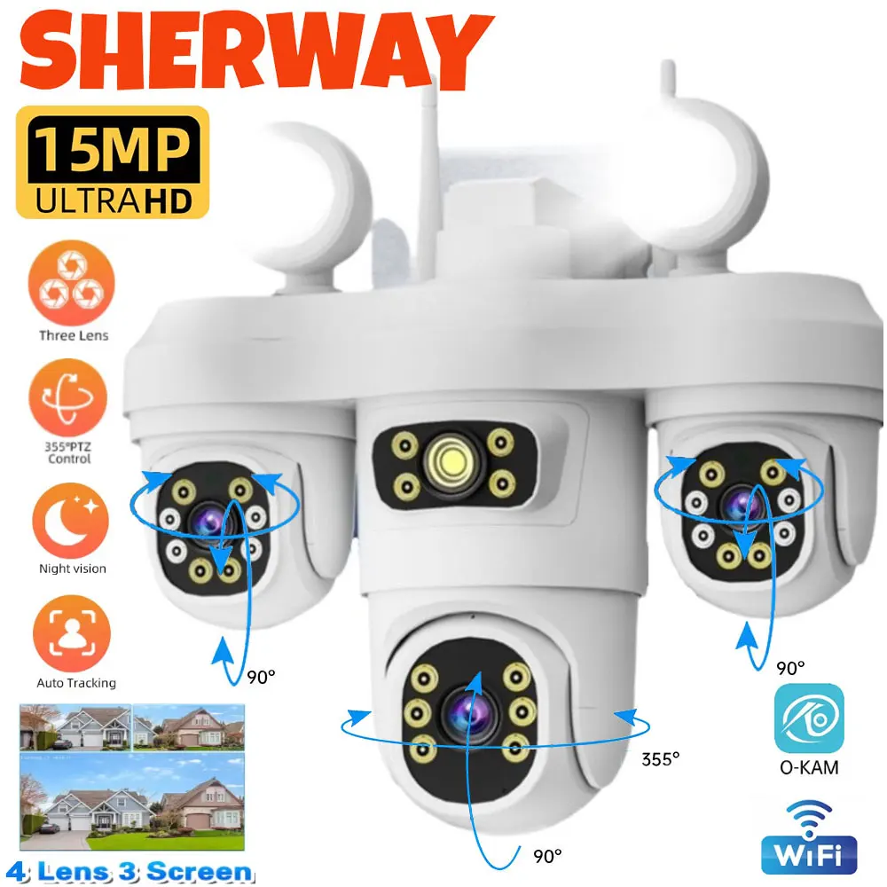 

15MP 8K Three Screens Wifi IP Camera Outdoor Four Lens 360° PTZ Video Surveillance Night Vision Human Detection Security Camera