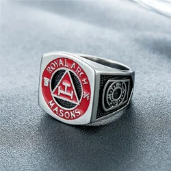 CHUANGCHENG Personalized Vintage Triangle Red Freemasonry Men's Stainless Steel Rings Sizes 7-13