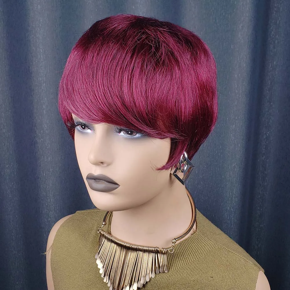 Krótkie peruki bob z ludzkich włosów z grzywką, peruka pixie cut, krótka czerwona peruka z ludzkich włosów 99j, w pełni wykonana maszynowo dla czarnoskórych kobiet.