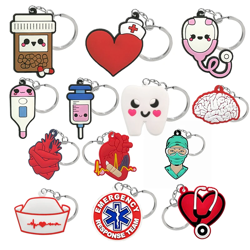 50PCS PVC Keychain Cute Designer Medical Series Tooth Syringe Stethoscope Keyring Custom Key Chain for Car Key Accessories Gift