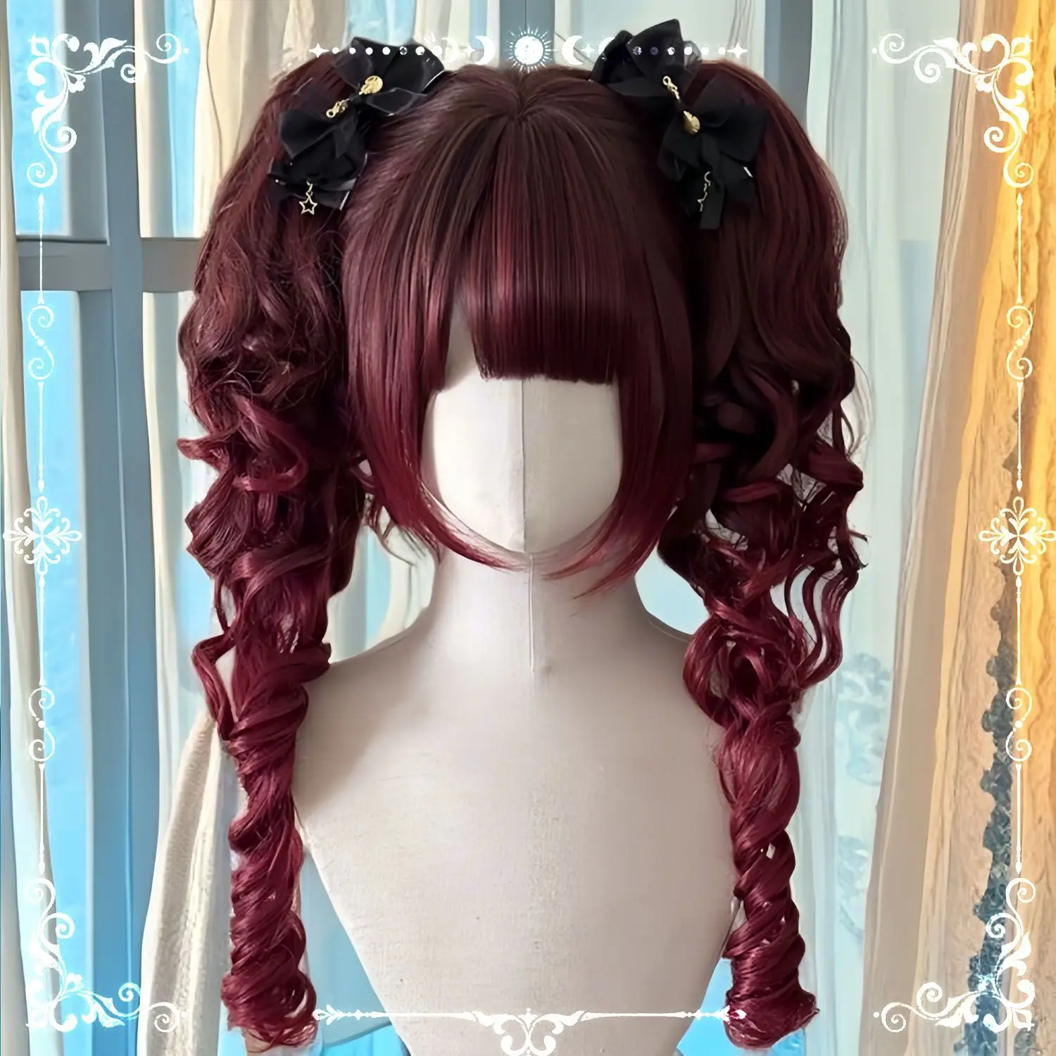 Vintage Lolita pruik - Bobo-snit met gespleten paardenstaarten, Romeinse krullen cosplay haarstukje, dagelijkse gotische accessoires, volledige hoofdbedekking