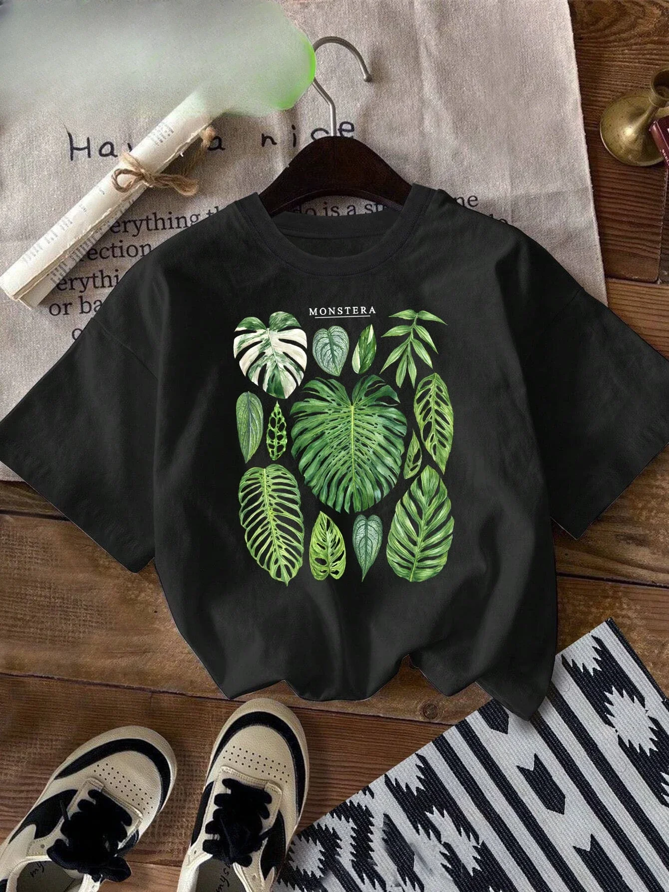 Kurzarm-T-Shirt mit Rundhalsausschnitt, Monstera-Philodendron-Tropenblatt-Print, Damen-Shirt, lässiges Mode-Grafik-T-Shirt, Damen-T-Shirts – Detail 5