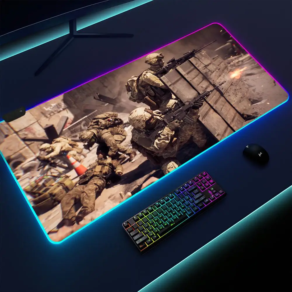Tapete de mouse para jogos Super Battlefield 6, iluminado por LED, base antiderrapante, à prova d'água, bloco de mesa grande, superfície macia