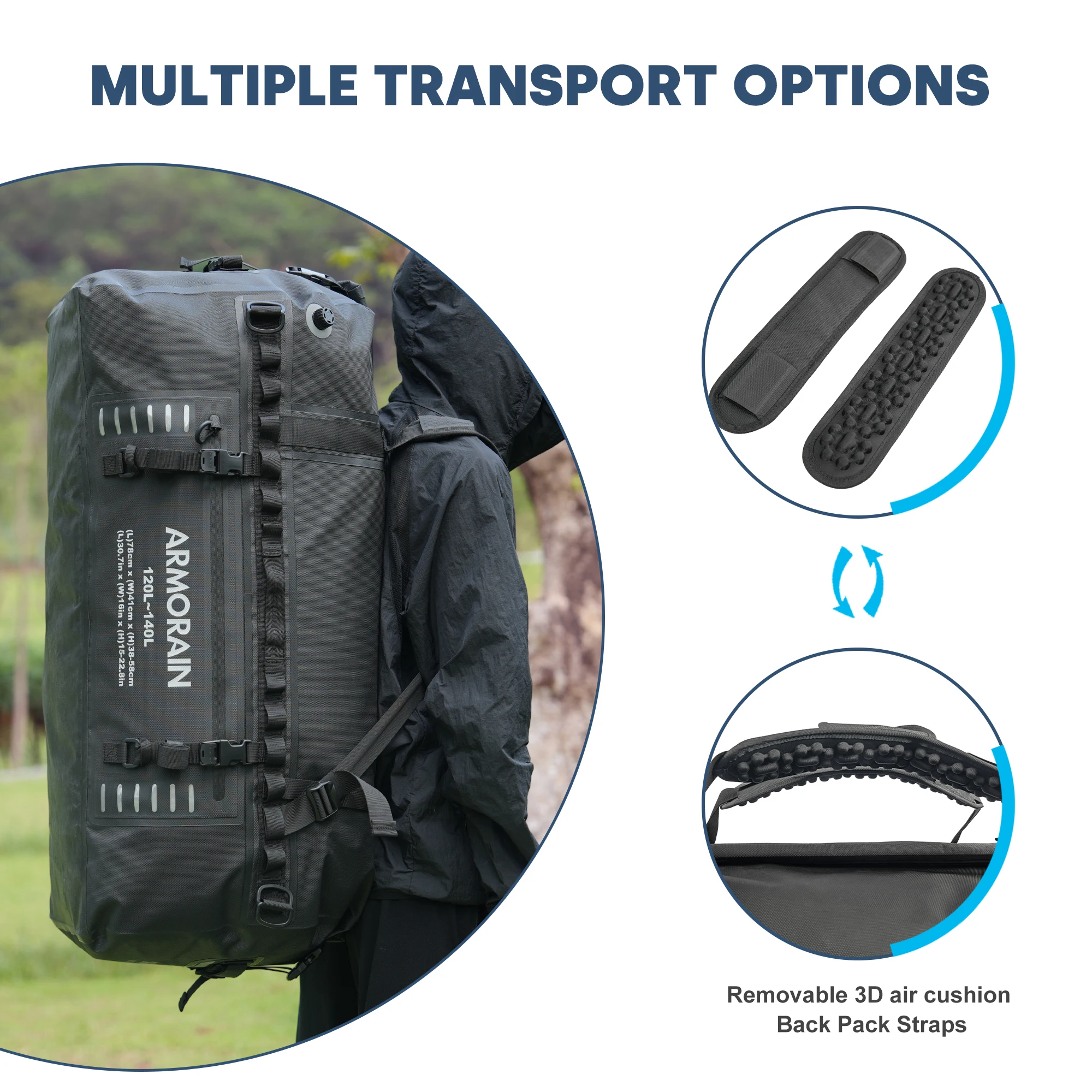 ARMOURAIN Waterproof Motorcycle Tail Bag Airtight Travel Luggage Bag Rear Seat Bag Roof Bag Outdoor Backpack 90L/120L