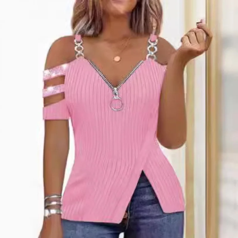 2023Europe and America Cross Border Hot DrillingVCOLLAR off-the-Shoulder Metal Strap Zipper Raglan Sleeve VestTT-shirt Sunken St