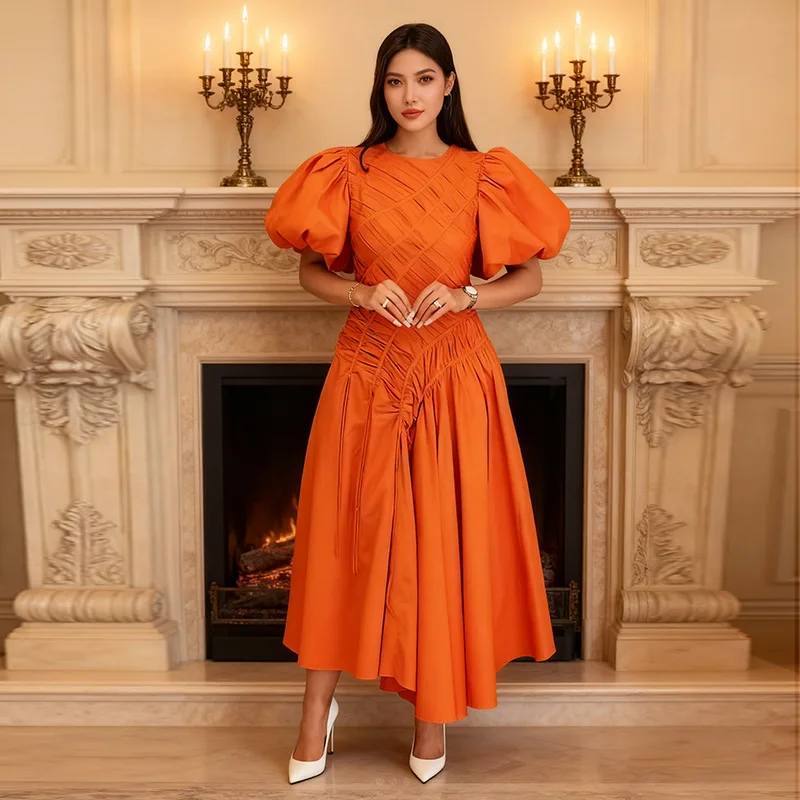 

2026 Spring/Summer New Style Puff Sleeve Ruffled Waist Elegant Round Neck Dress for Women