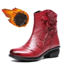New Desginer Cowgirl Boots Women's 70S Genuine Leather Shoes Nice Spring Heels Boots Faux Fur Booties Ladies Floral Heeled Boots