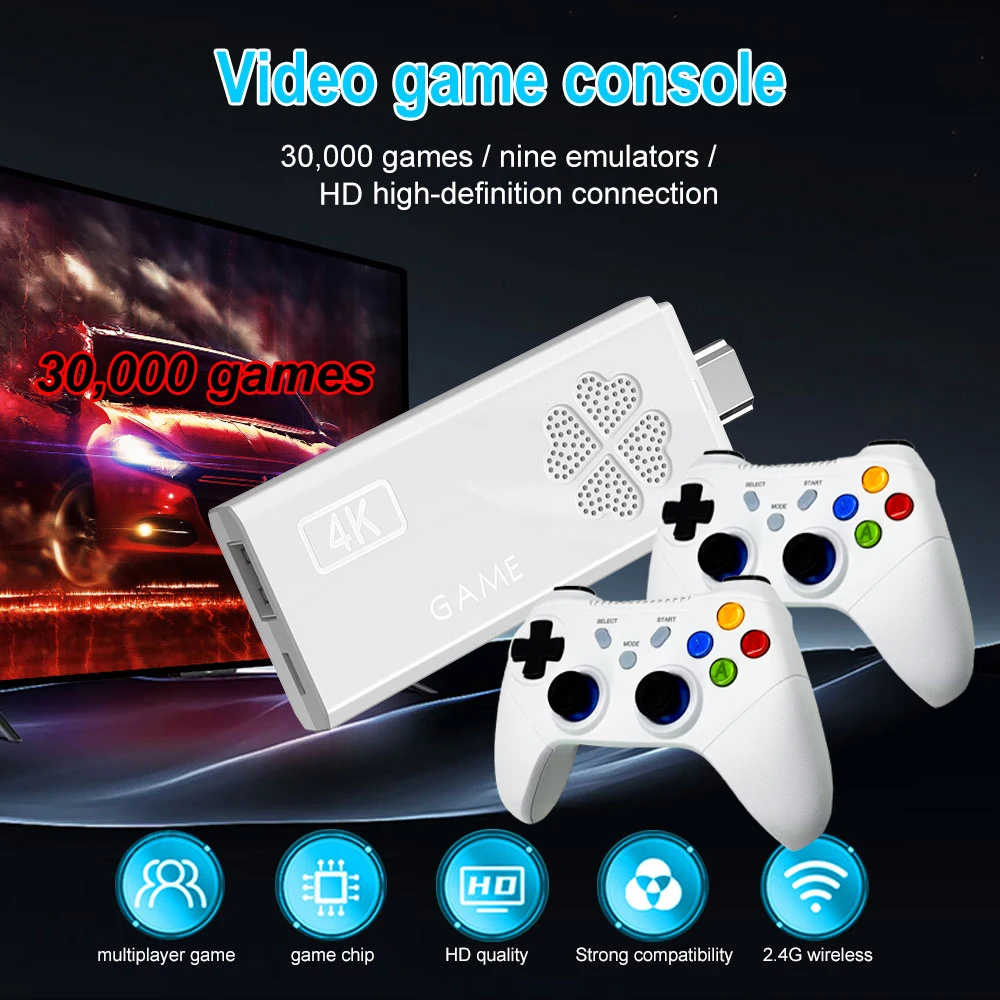 Velec M8 Pro Video Game Console Built-in 30000+ Games 2.4G Wireless Controller 64GB TV Game Stick 4K HD Retro Mini Game Player
