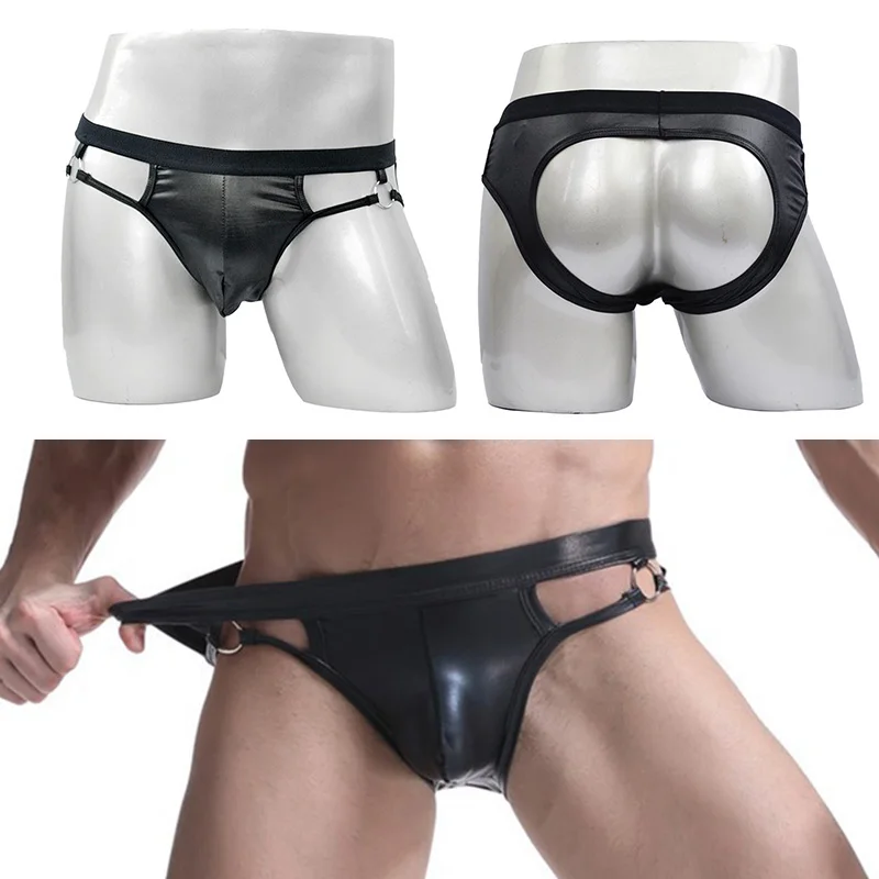 

Faux Leather Briefs Comfy Underwear Brief PU Leather Pouch 2019 Jockstraps Sissy G-String Underpants Gay Lingerie