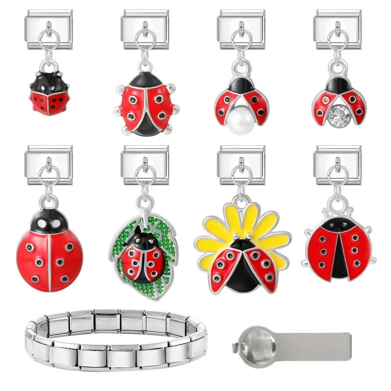 Y2K Ladybug Element Leaf Flower Pendant Italian Charm Links Fit 9mm Stainless Steel Men Women Bracelet DIY Making Gift Wholesale