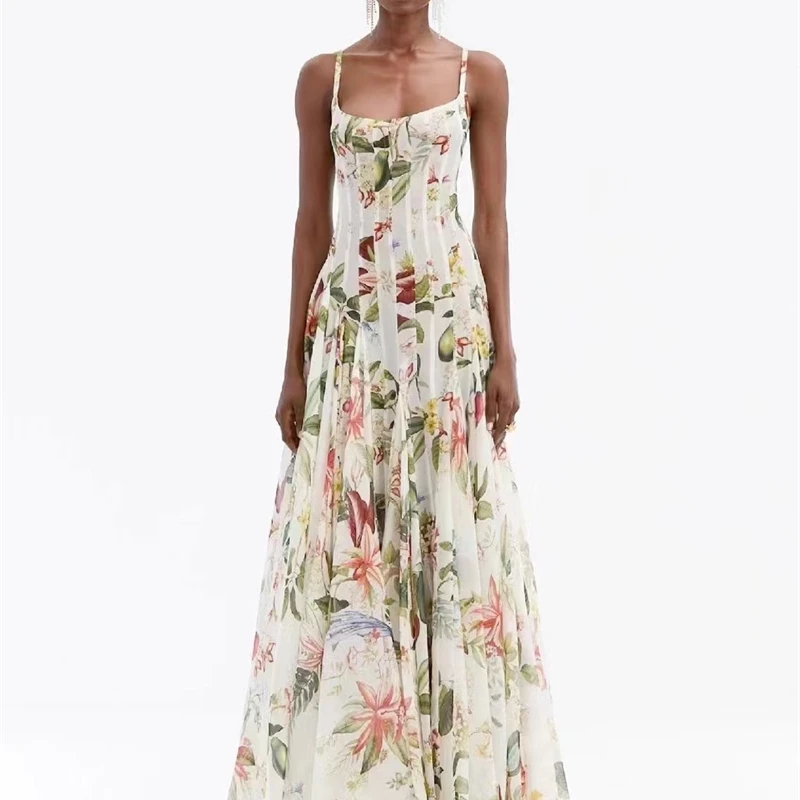 2025 Nuovo abito longuette da donna con stampa floreale girocollo smock elastico in vita manica corta da donna per le vacanze abito in cotone 100%