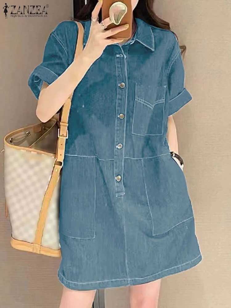 ZANZEA Denim Pockets Shirt Dress 2024 Summer Women Short Sleeve Sundress Fashion Solid Robe Casual Turn Down Collar Mini Dresses