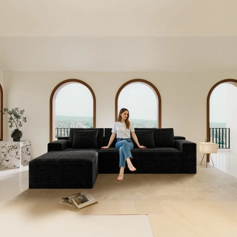 Black Corduroy L-Shaped Sectional Sofa Large Modular Couch Comfortable Upholstered Sofa for Living Room Home Furniture