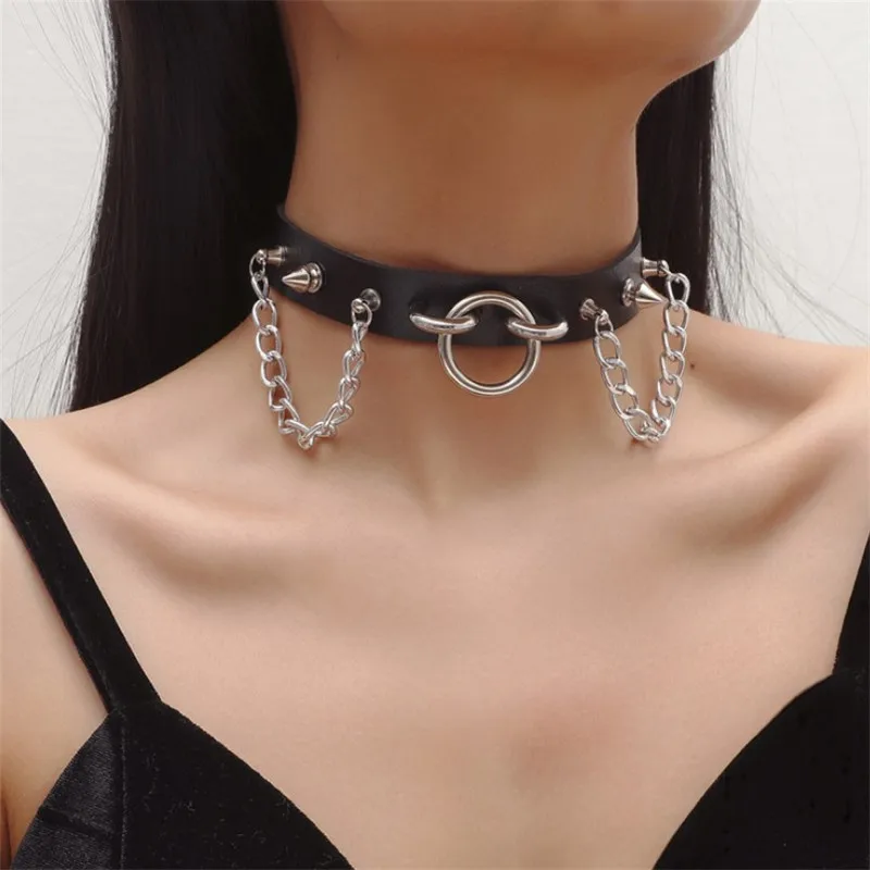 Black Goth Choker Necklace For Women Punk Spike Rivet Round Heart Bell Belt Necklaces Collar Cosplay Chocker Gothic Accessories