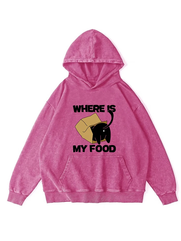 Where Is My Food Kawaii Cat Print Washed Hoodie Women Warm Distressed Tops Casual Cotton Comfortable Hooded Autumn Basic Hoody