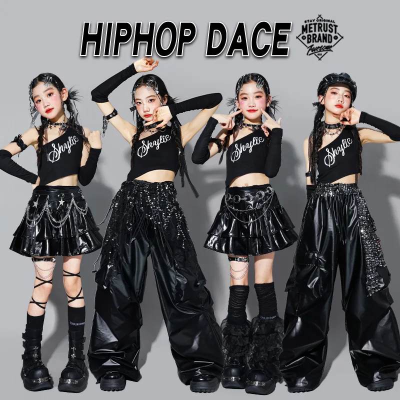 Girls K-pop Crop Top Shiny Cargo Pants Street Dance Skirts Kids Hip Hop Jazz Girl Group Clothes Sets Children Streetwear Costume