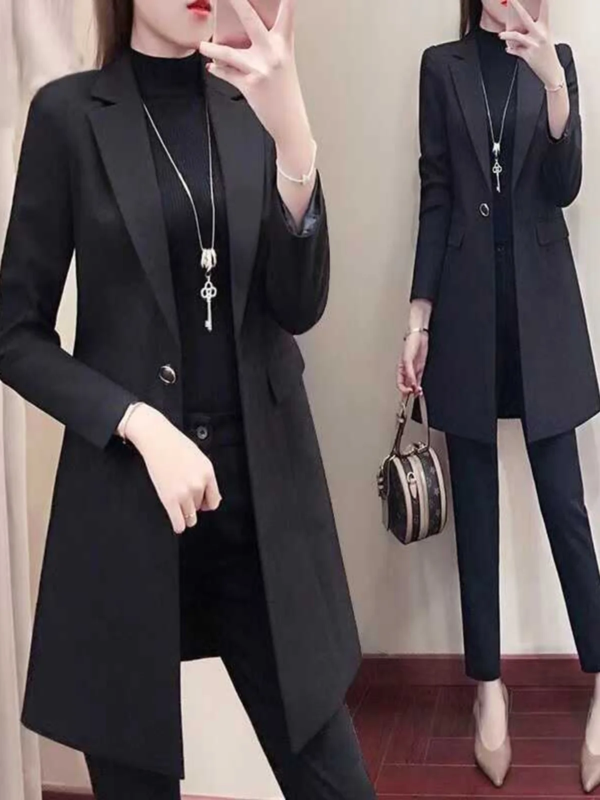 

plus Size Casual Black Medium Length Spring Autumn Jacket Suit Loose Fit Fashionable Versatile Korean Style Long Sleeve Coat