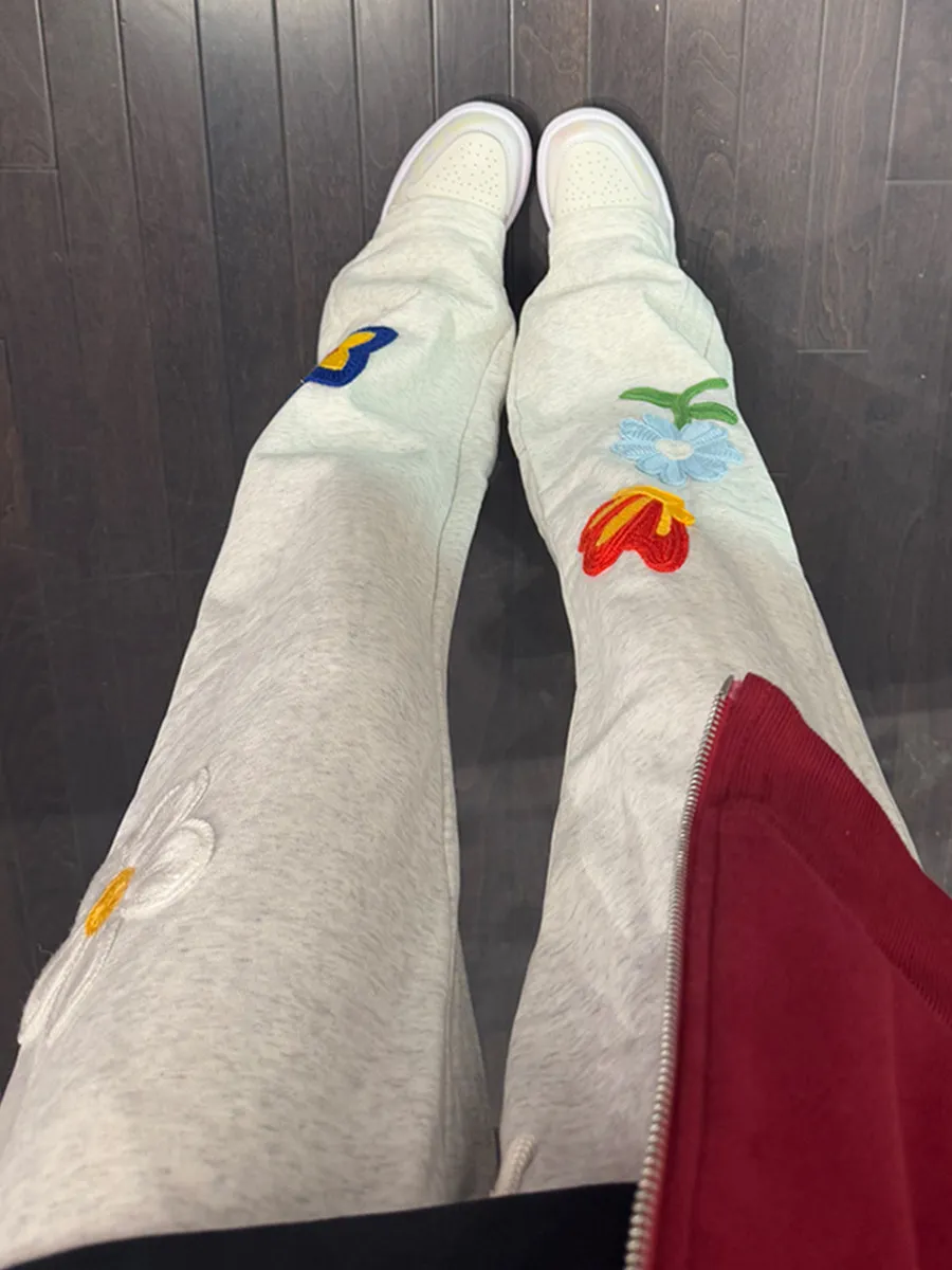

Gray Floral Embroidery Men's Straight Leg Pants Spring Autumn Winter Sporty Casual American Style Loose Fit Cotton Blend