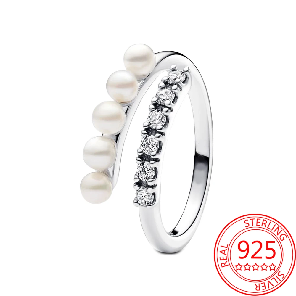 Beautiful 925 Sterling Silver Treated Freshwater Cultured Pearls & Pavé Open Ring Jewelry Gift For Women's Proposal Party